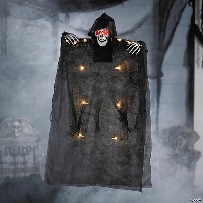 35 1/2" Hanging Light-Up Skeleton with Hooded Black Cloak Halloween Decoration