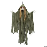 35 1/2" Light-Up Hanging Long Hair Skeleton Reaper Halloween Decoration