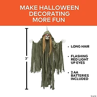 35 1/2" Light-Up Hanging Long Hair Skeleton Reaper Halloween Decoration