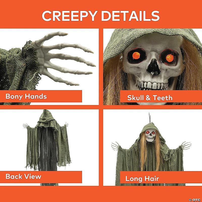 35 1/2" Light-Up Hanging Long Hair Skeleton Reaper Halloween Decoration