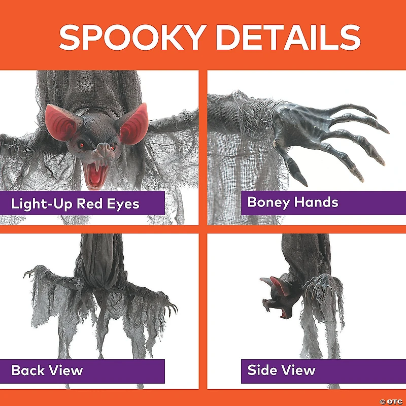 39 1/4" Animated Hanging Light-Up Upside-Down Gray Bat Halloween Decoration