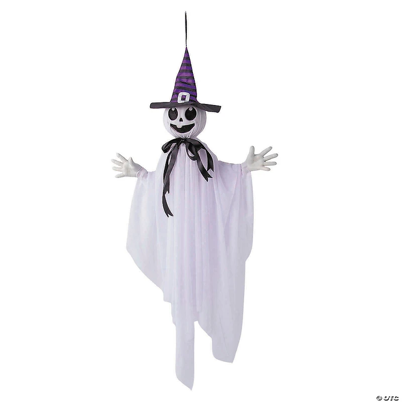 39 1/4" Animated Hanging Smiling Ghost with Witch Hat & Black Bow Halloween Decoration