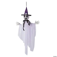 39 1/4" Animated Hanging Smiling Ghost with Witch Hat & Black Bow Halloween Decoration
