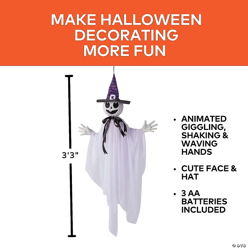 39 1/4" Animated Hanging Smiling Ghost with Witch Hat & Black Bow Halloween Decoration
