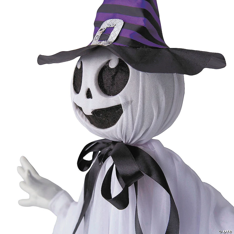 39 1/4" Animated Hanging Smiling Ghost with Witch Hat & Black Bow Halloween Decoration