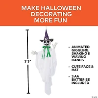 39 1/4" Animated Hanging Smiling Ghost with Witch Hat & Bow Halloween Decoration