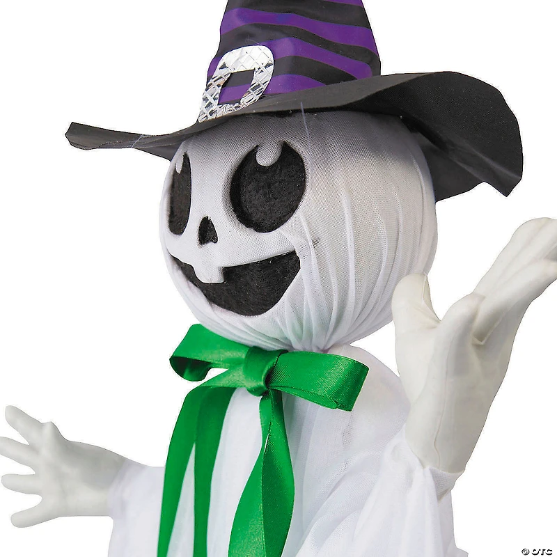 39 1/4" Animated Hanging Smiling Ghost with Witch Hat & Bow Halloween Decoration