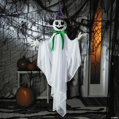 39 1/4" Animated Hanging Smiling Ghost with Witch Hat & Bow Halloween Decoration