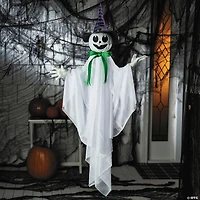 39 1/4" Animated Hanging Smiling Ghost with Witch Hat & Bow Halloween Decoration