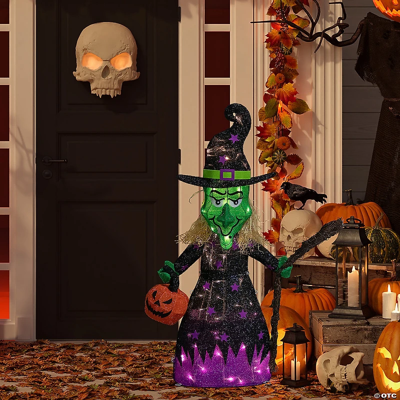 39" LED Lighted Witch with Broom Outdoor Halloween Decoration