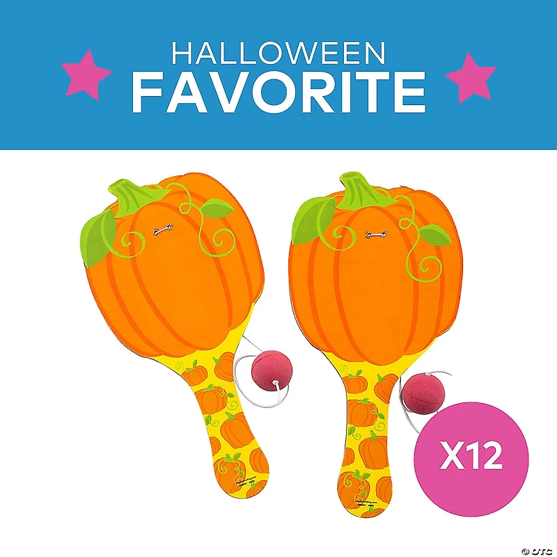 4 1/2" x 9" Halloween Pumpkin Wood Paddle Ball Games - 12 Pc.