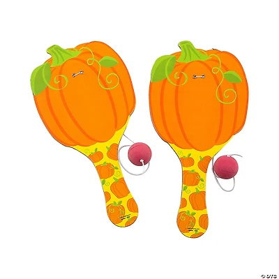 4 1/2" x 9" Halloween Pumpkin Wood Paddle Ball Games - 12 Pc.