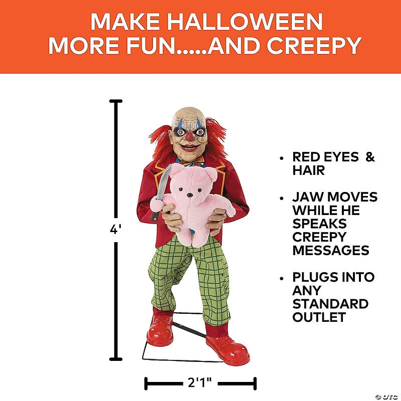 4 Ft. Animated Creepy Clown with Pink Bear Halloween Decoration