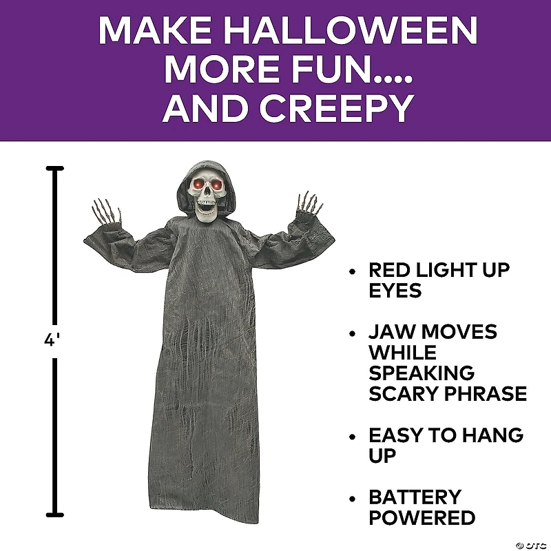 4 Ft. Hanging Gray Skeleton Reaper Halloween Decoration
