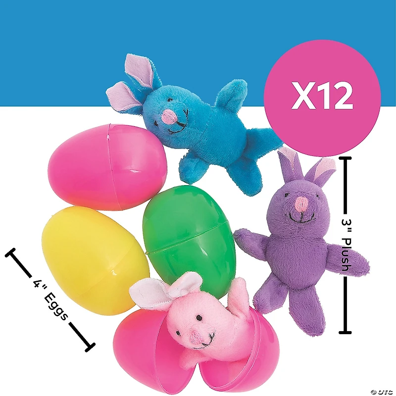 4" Mini Bright Stuffed Bunny-Filled Plastic Easter Eggs - 12 Pc.