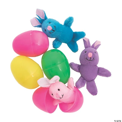 4" Mini Bright Stuffed Bunny-Filled Plastic Easter Eggs - 12 Pc.