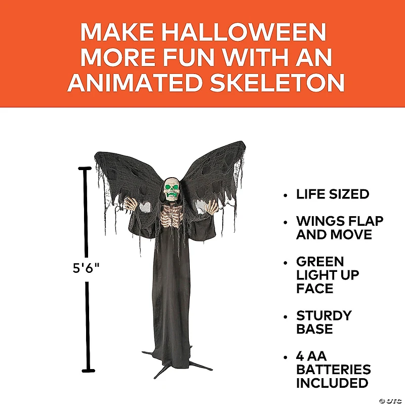 5 Ft. 6" Standing Skeleton Reaper with Animated Wings Halloween Decoration