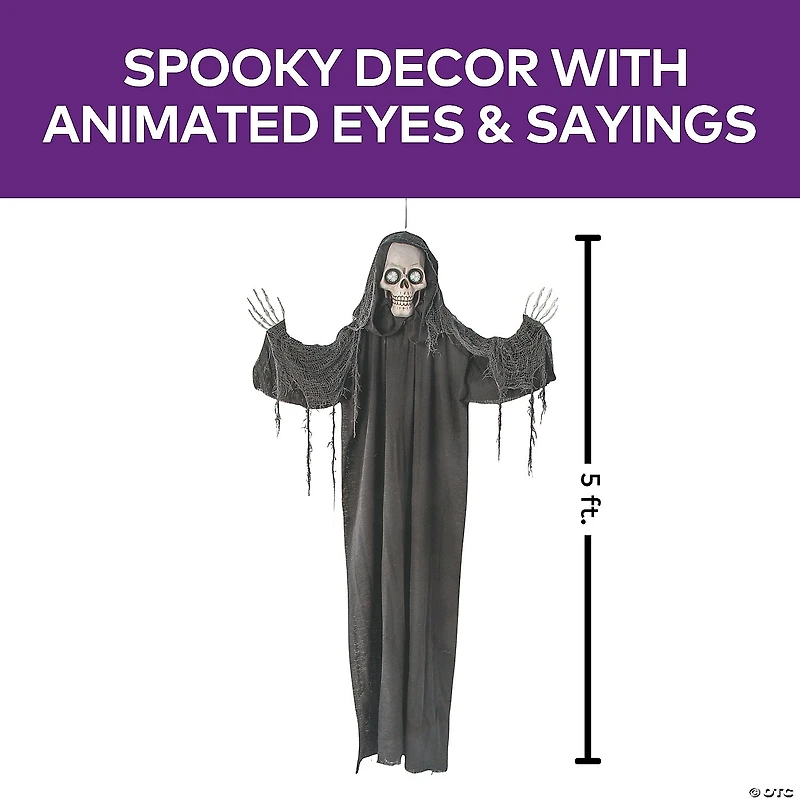 5 Ft. Animated Eyes Hanging Skeleton Reaper with Black Robe Halloween Decoration