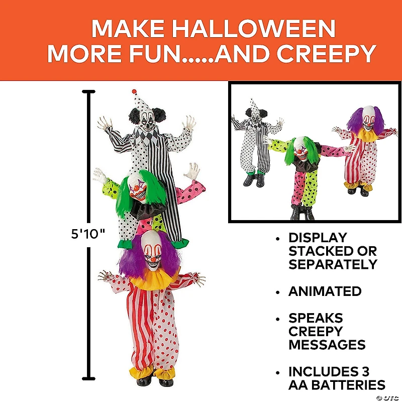 5 Ft 10 3/4" Animated Standing Light-Up LED Stacked Clown Trio Halloween Decoration