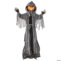 5 Ft 10 3/4" Animated Standing Light-Up Pumpkin Man in Hooded Cloak Halloween Decoration