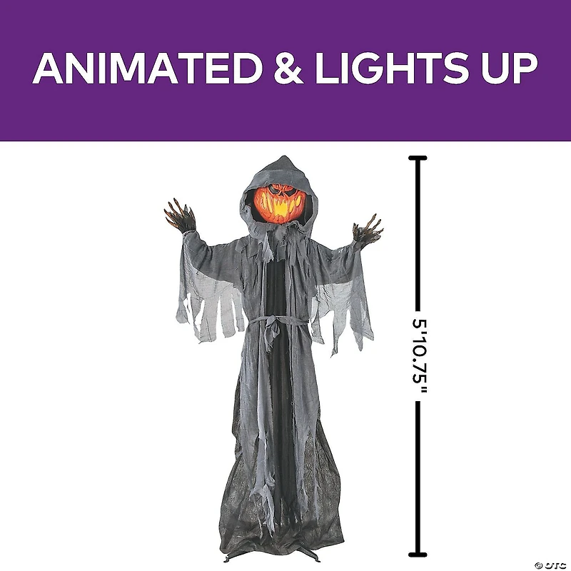 5 Ft 10 3/4" Animated Standing Light-Up Pumpkin Man in Hooded Cloak Halloween Decoration
