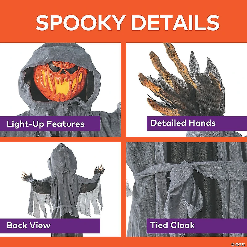 5 Ft 10 3/4" Animated Standing Light-Up Pumpkin Man in Hooded Cloak Halloween Decoration