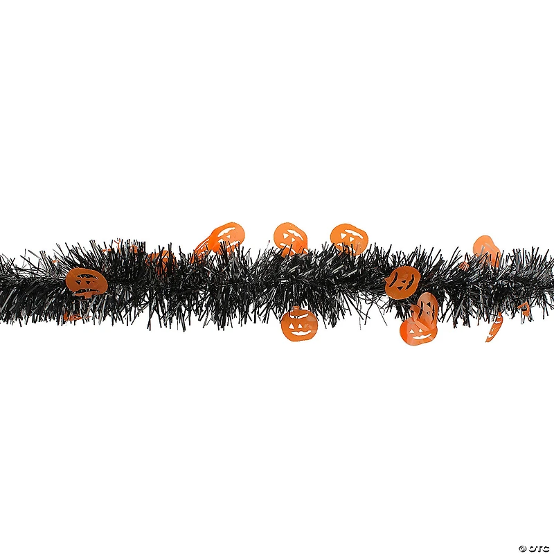 50' Black with Orange Jack O Lanterns Halloween Tinsel Garland - Unlit