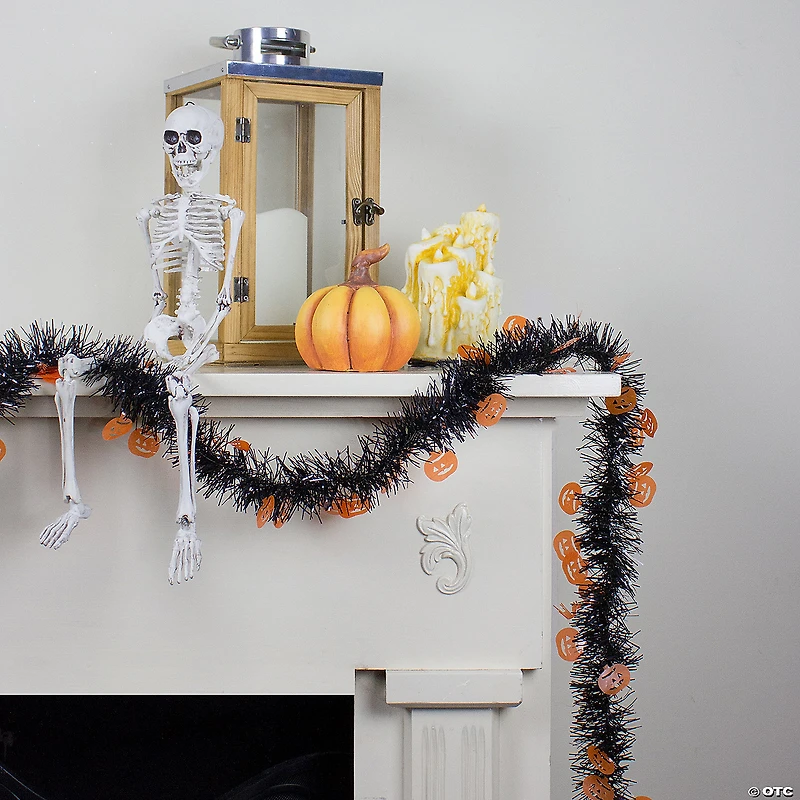 50' Black with Orange Jack O Lanterns Halloween Tinsel Garland - Unlit