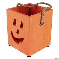 6.25" Small Orange Wood Jack O Lantern Halloween Candle Lantern