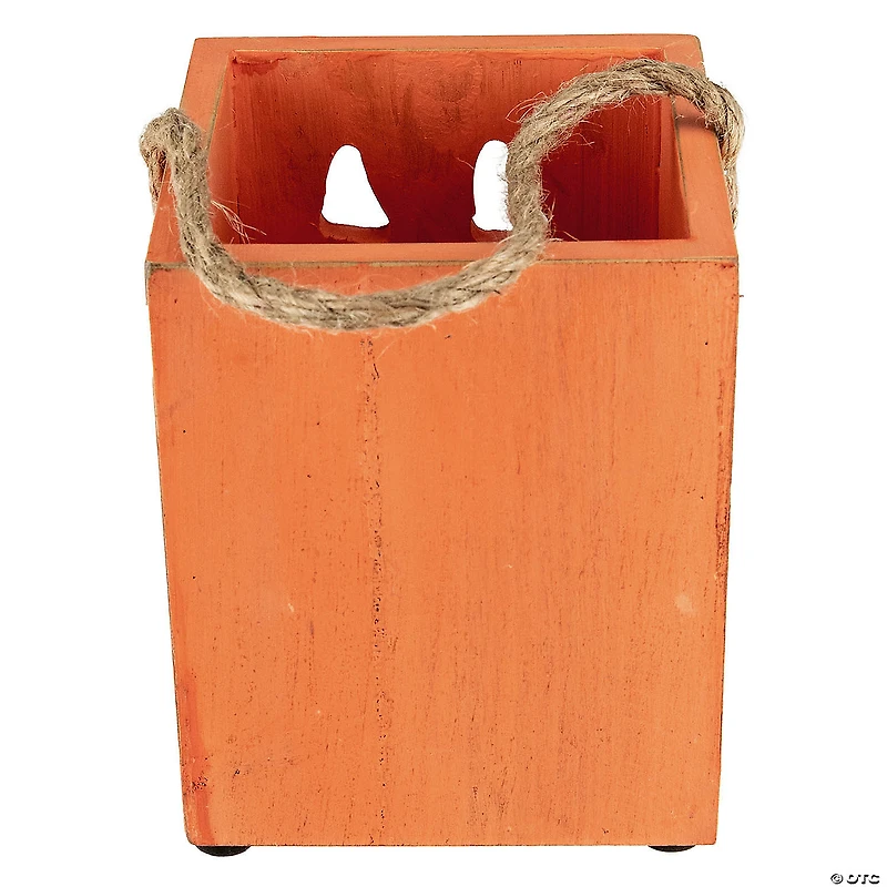 6.25" Small Orange Wood Jack O Lantern Halloween Candle Lantern