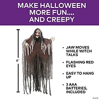 6 Ft. Talking Hanging Witch in Black Cloak with Light-Up Eyes Halloween Decoration