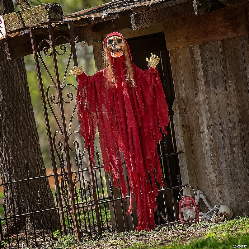 66 3/4" Light-Up Skeletal Reaper in Red Robes Halloween Hanging Decoration