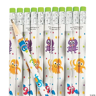 7 1/2" Assorted Bright Colors Cute Monster Wood Pencils - 24 Pc.
