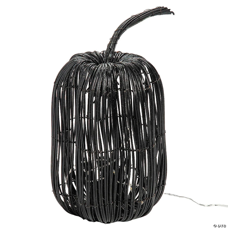 7 3/4" x 15 3/4" Tall Rattan Pumpkin with Yellow Light Strand Halloween Decoration