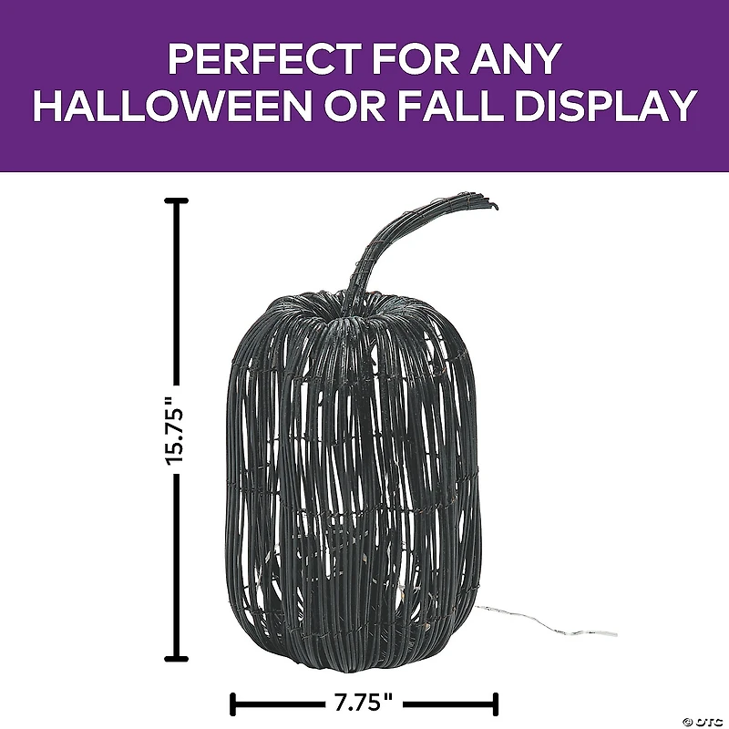 7 3/4" x 15 3/4" Tall Rattan Pumpkin with Yellow Light Strand Halloween Decoration