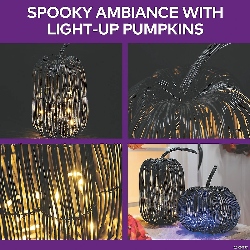 7 3/4" x 15 3/4" Tall Rattan Pumpkin with Yellow Light Strand Halloween Decoration