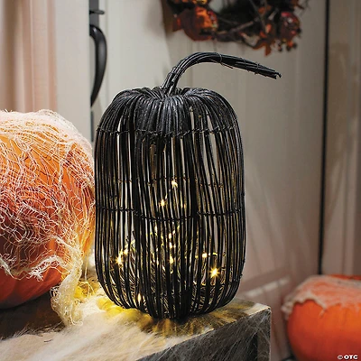 7 3/4" x 15 3/4" Tall Rattan Pumpkin with Yellow Light Strand Halloween Decoration