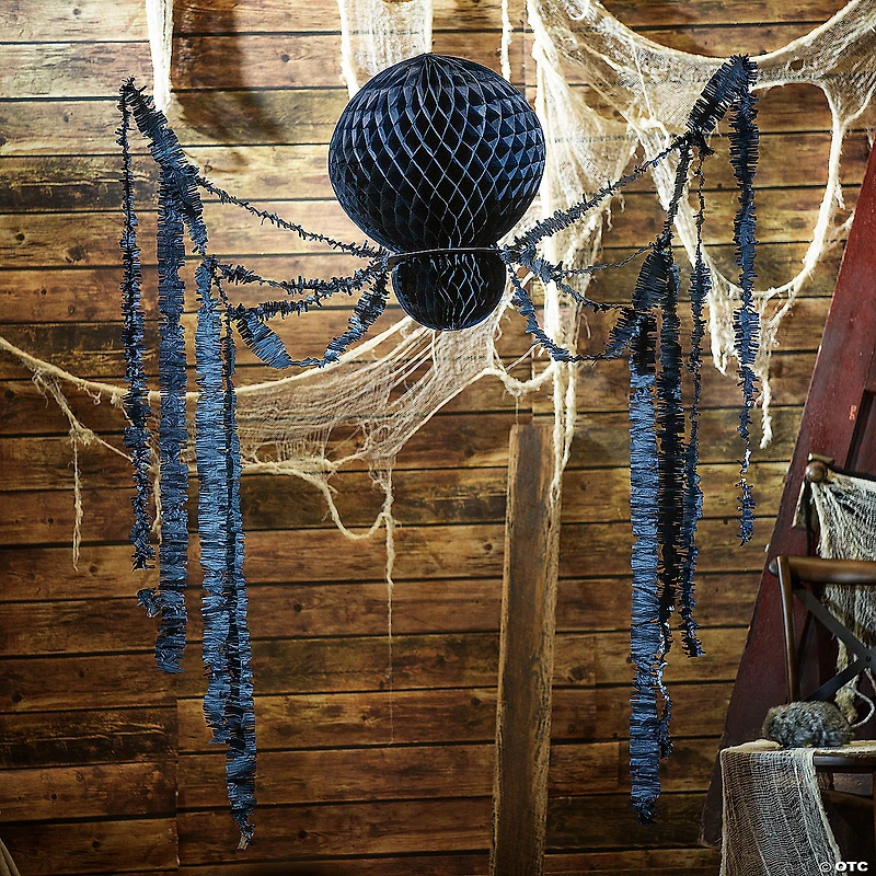 7 Ft. Large Black Hanging Honeycomb Tissue Paper Spider Halloween Decoration