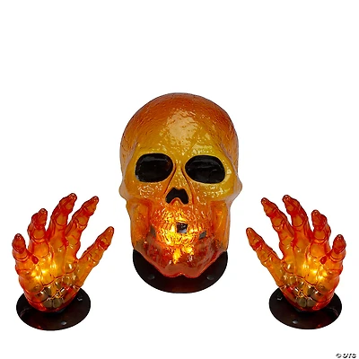 8.5" Lighted Orange Skull and Hands Outdoor Halloween Decoration - 4ft Black Wire