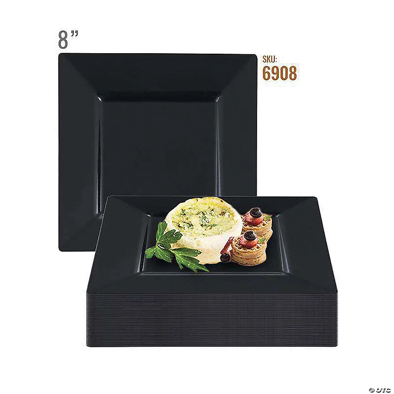 8" Black Square Plastic Salad Plates (50 Plates)
