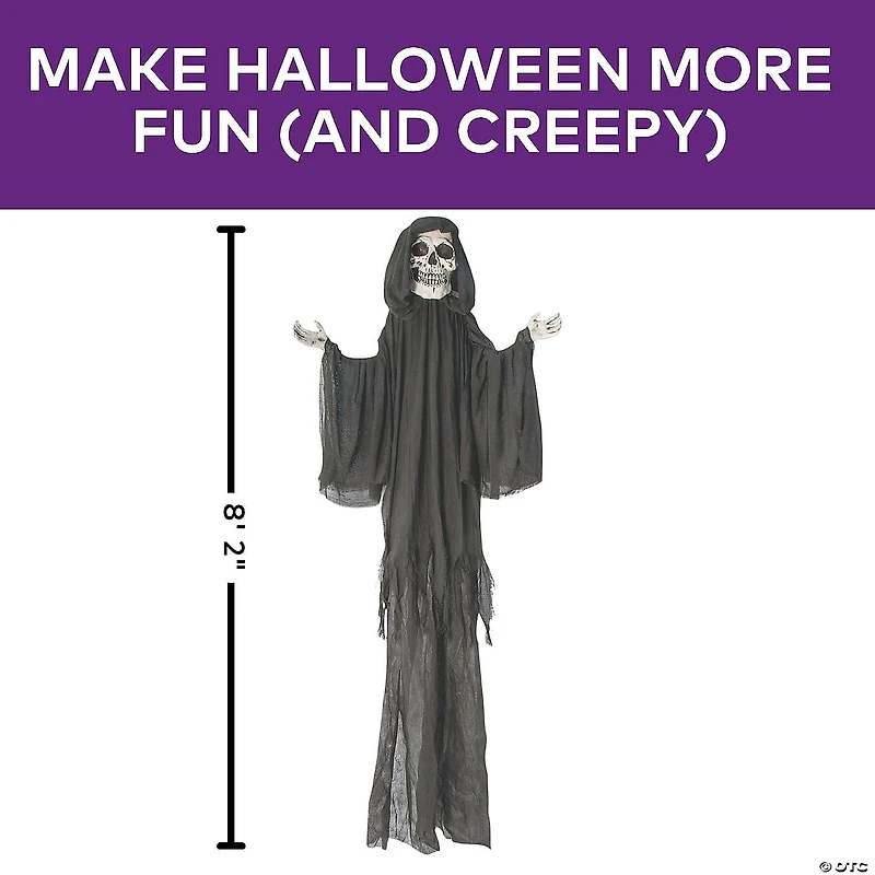 8 Ft. 2" Hanging Skeleton Reaper with Black Cloak Halloween Decoration