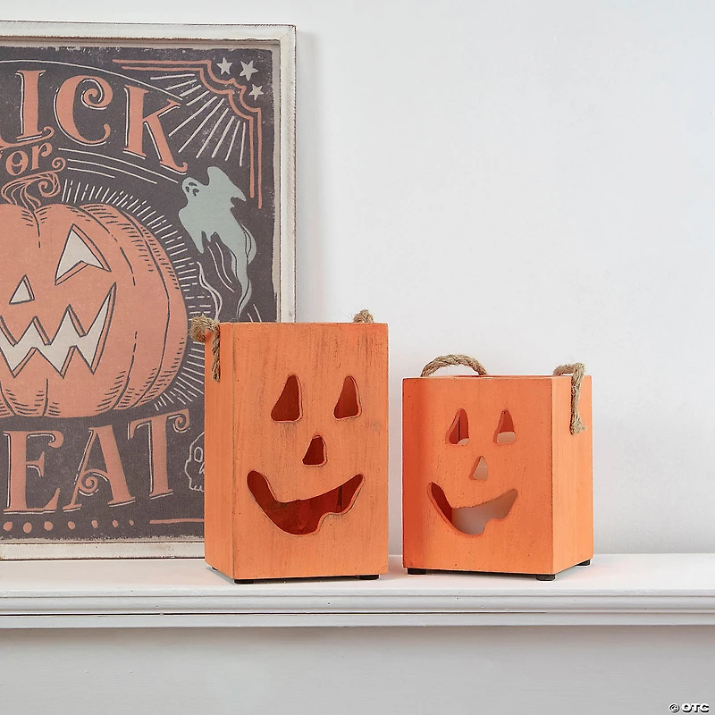 8" Large Orange Wood Jack O Lantern Halloween Candle Lantern