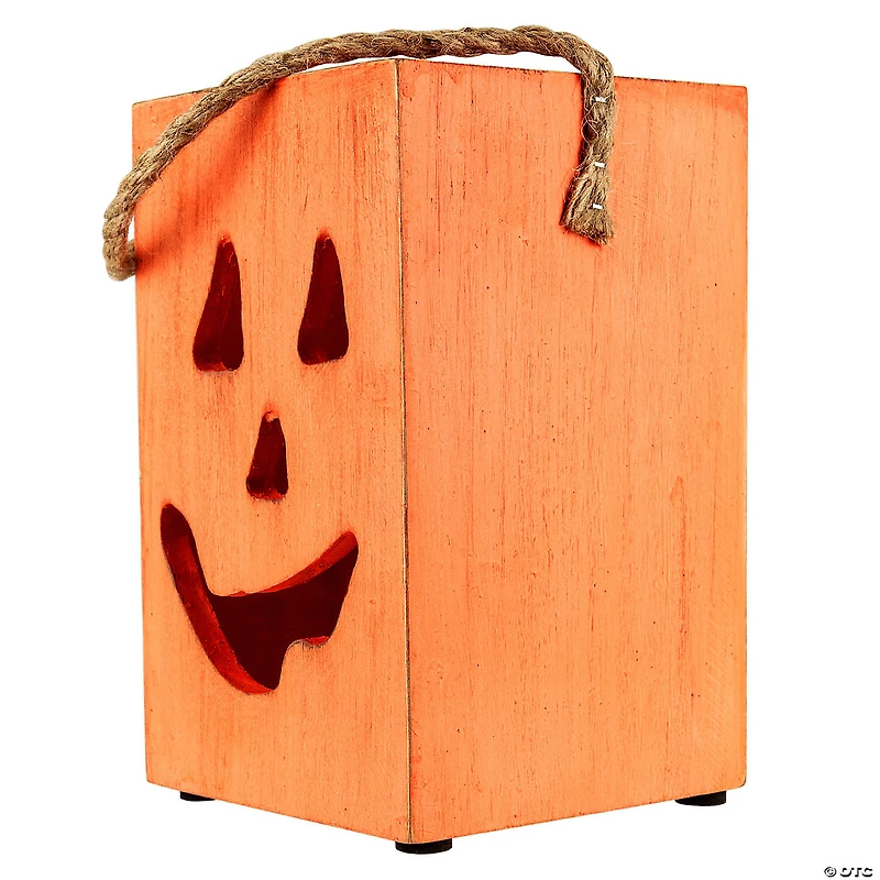 8" Large Orange Wood Jack O Lantern Halloween Candle Lantern