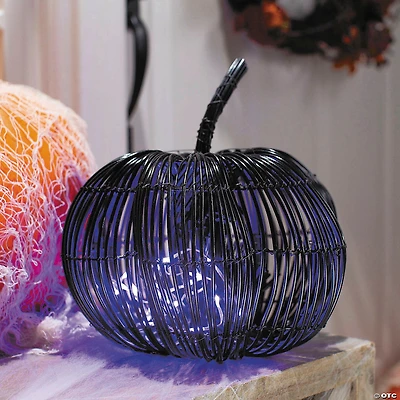 9 1/2" x 9 3/4" Rattan Pumpkin with Purple Light Strand Halloween Decoration