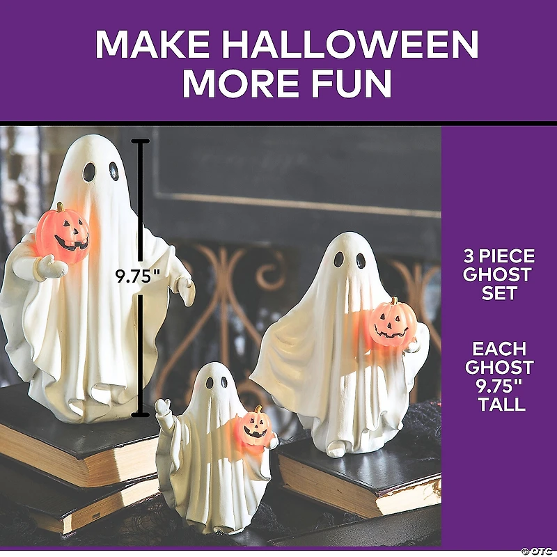 9 3/4" White Ghosts Holding Light-Up Jack-O'-Lanterns Resin Tabletop Decoration - 3 Pc.