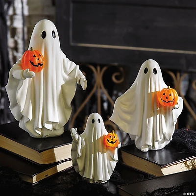 9 3/4" White Ghosts Holding Light-Up Jack-O'-Lanterns Resin Tabletop Decoration - 3 Pc.