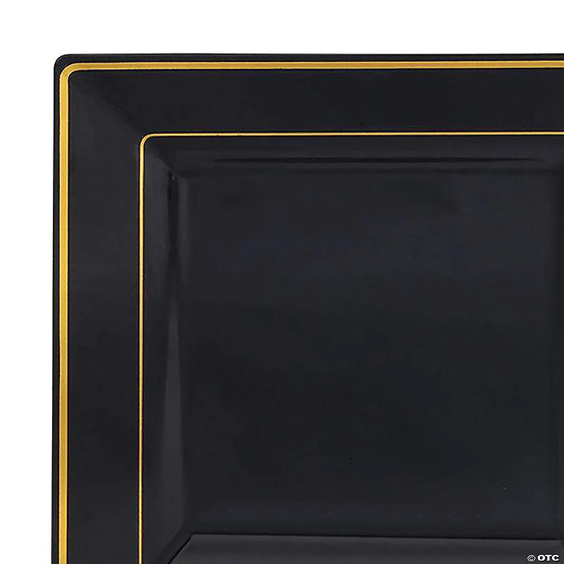 9.5" Black with Gold Square Edge Rim Plastic Dinner Plates (40 Plates)