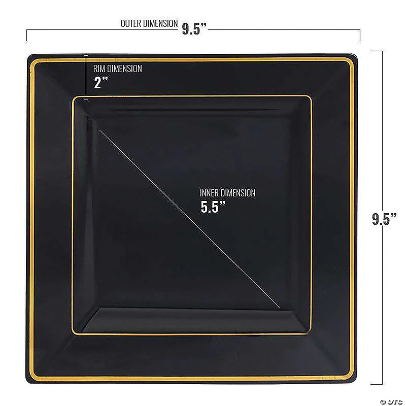 9.5" Black with Gold Square Edge Rim Plastic Dinner Plates (40 Plates)