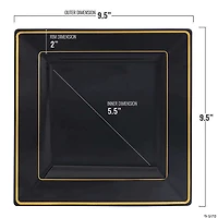 9.5" Black with Gold Square Edge Rim Plastic Dinner Plates (40 Plates)