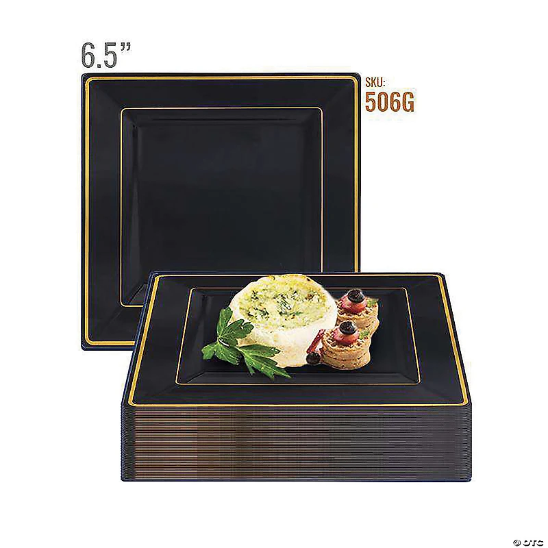 9.5" Black with Gold Square Edge Rim Plastic Dinner Plates (40 Plates)
